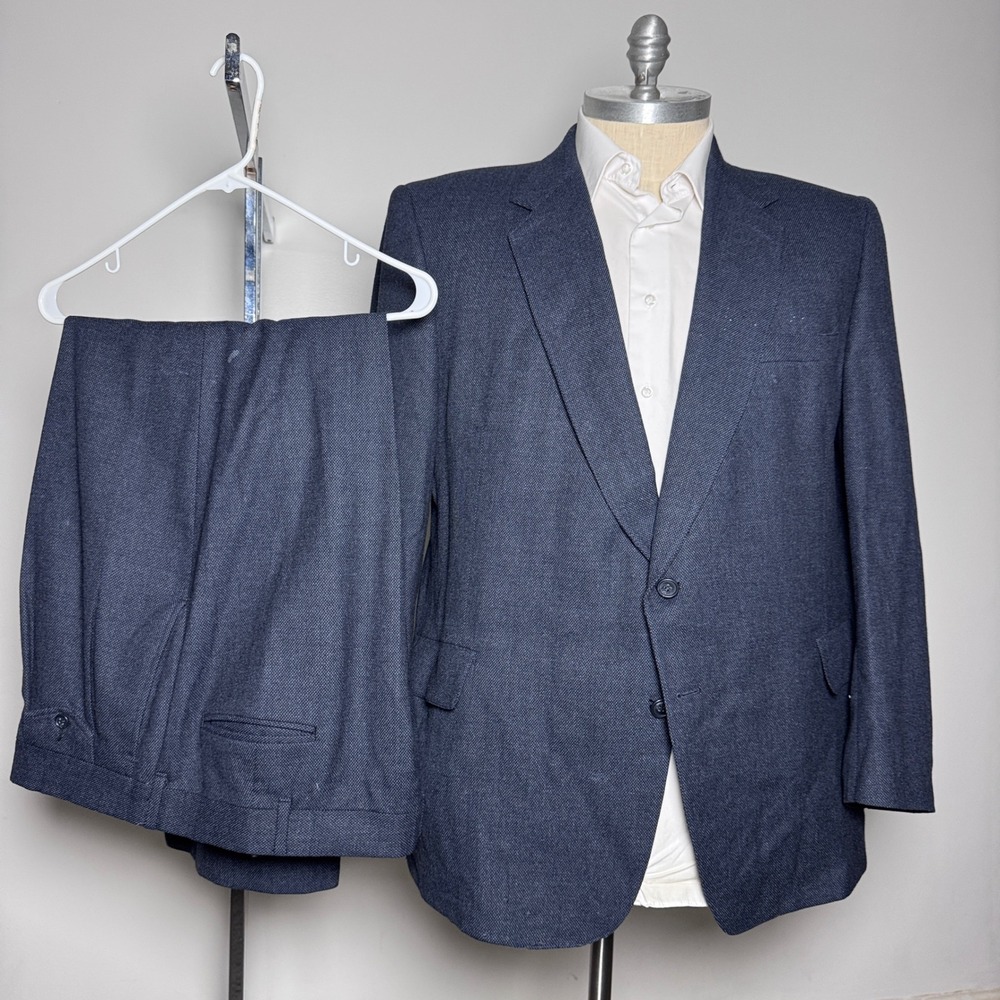 Kuppenheimer 2-Piece Suit Mens 50L 46x28 Blue Textured Wool Blend Vintage USA‎